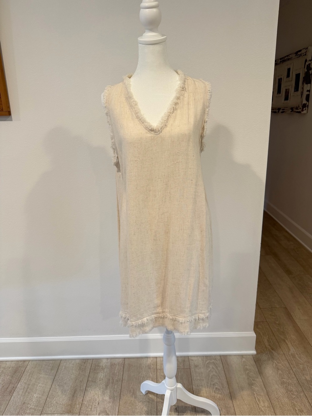 LA MIEL Cream Fringe-Trim V-Neck Midi Dress